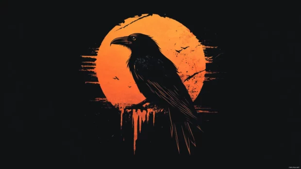Stylized silhouette of a raven against dark orange sunset, from the moody dark desktop backgrounds trend.