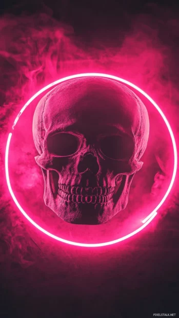 Stylized skull floating above pink neon circle.