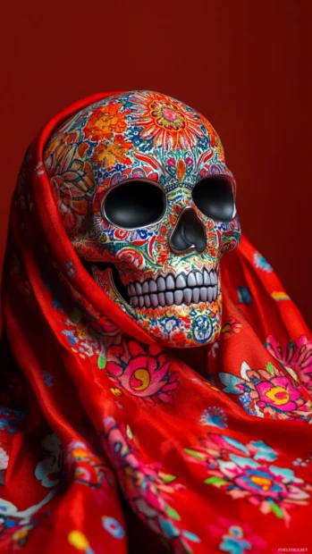 Stylized skull in red silk with bright facial patterns.