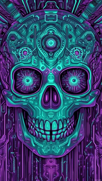 Stylized skull, neon glow, circuit patterns, purple teal colors, futuristic aesthetic.