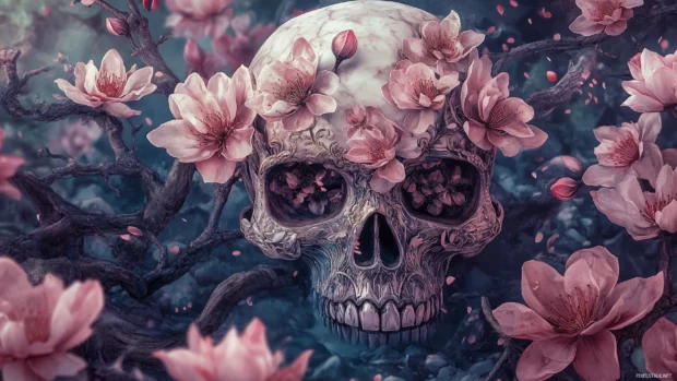 Stylized skull with lotuses, cherry blossoms, Eastern floral motifs, mystical serene feel.