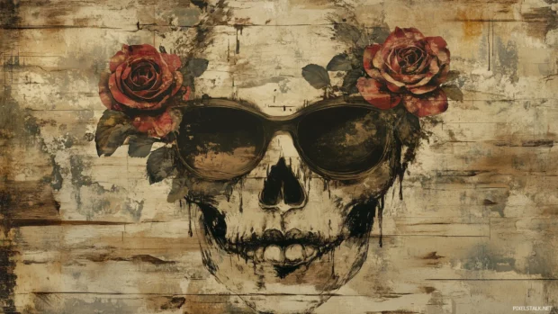 Stylized skull with roses growing out of the eye sockets and mouth, surrounded by faded, sepia tones for a vintage aesthetic.