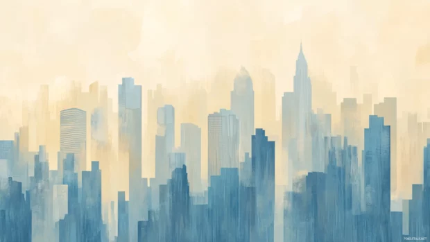 Stylized skyline rendered in pale blue and beige tags.