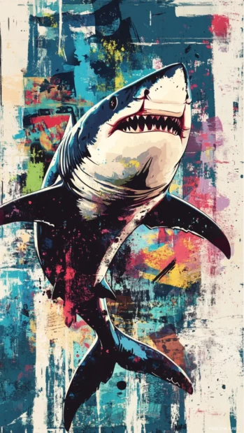 Stylized street art shark in a cool shark wallpaper background with vibrant tags.