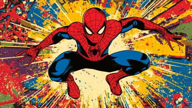 Stylized vector art of Spider Man in a jumping action frame.