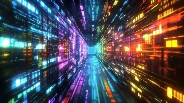 Subway tunnel in a futuristic world, walls covered with dynamic LED panels flickering in rainbow hues.