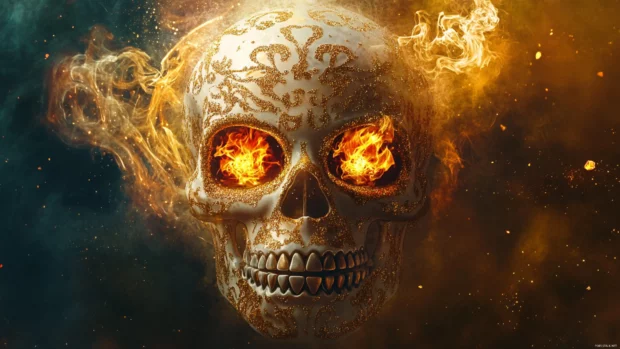 Sugar skull head with fire shaped eyes and gold dust swirls.
