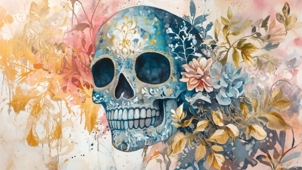 Sugar skull in watercolor, abstract style, floral patterns, blue, pink, gold splashes.