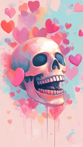 Sugar skull laughing in pastel backdrop filled with hearts.