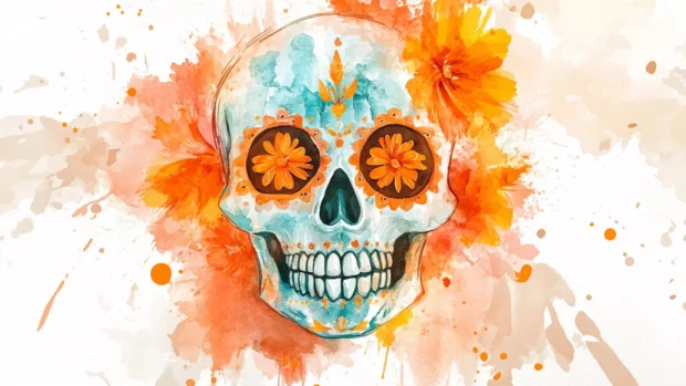 Sugar skull outlined in soft watercolor strokes and orange petals.