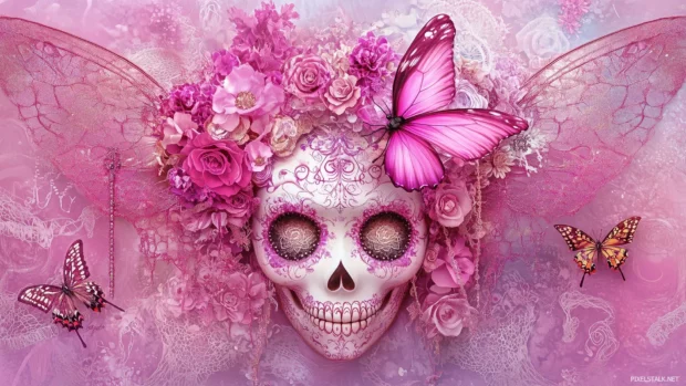 Sugar skull with butterfly wings, floral crown, lace, and filigree details.