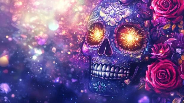 Sugar skull with glittering roses, sparkle effects, purple backdrop, high resolution, detailed design.