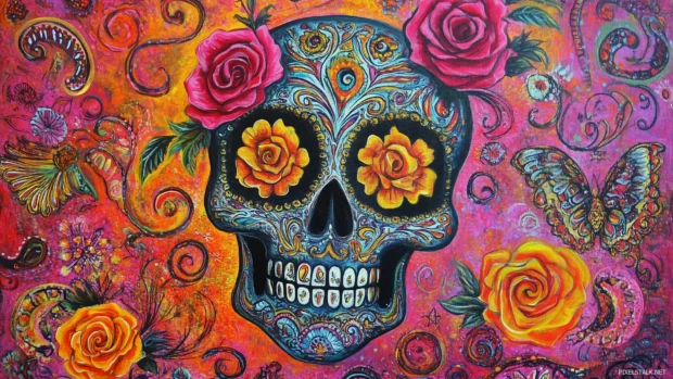 Sugar skull with marigolds, roses, paisley, Mexican traditional patterns.