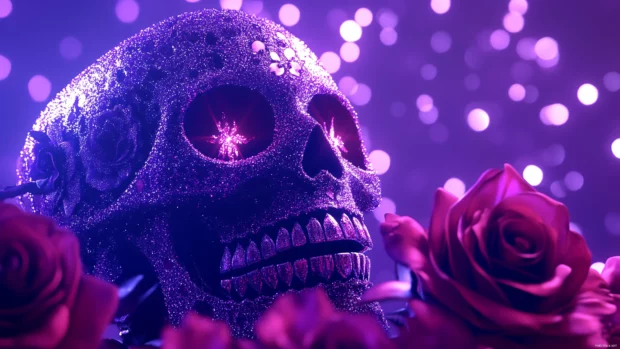 Sugar skull with roses, glitter, sparkle effects, purple background, high resolution detailed illustration.