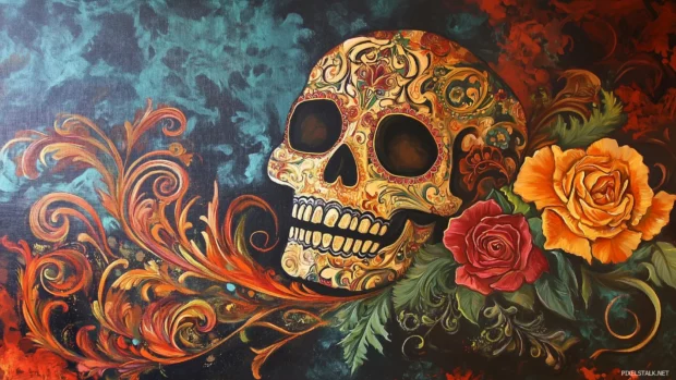 Sugar skull with roses, marigolds, paisley details, traditional Mexican patterns.