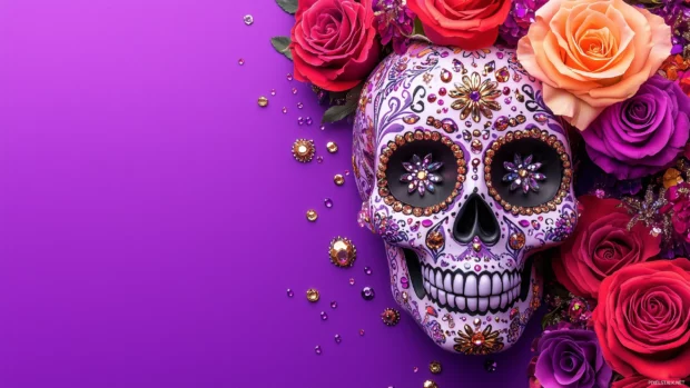 Sugar skull with vibrant roses, jewels, purple background, deep purples, pinks, and golds.