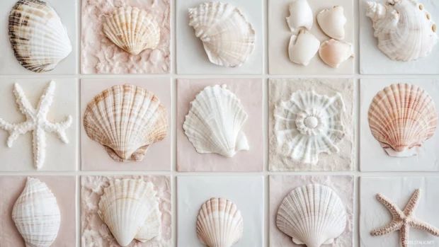 Summer Aesthetic Wallpapers with beach aesthetic, seashell patterns, pastel tones arranged in a delicate tile layout.