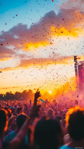 Summer Vibes burst from a colorful festival crowd dancing in the sunset.