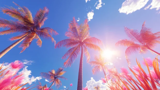 Summer Vibes dance through palm trees swaying under a bright blue sky.