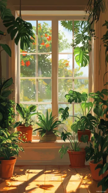 Summer Vibes peek through a window filled with potted tropical plants.