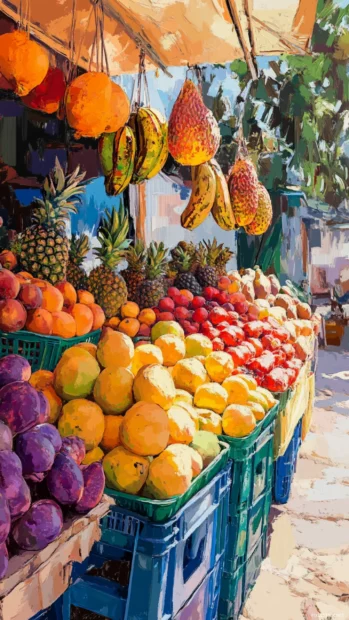 Summer Vibes radiate from a lively market stand filled with fresh fruit.