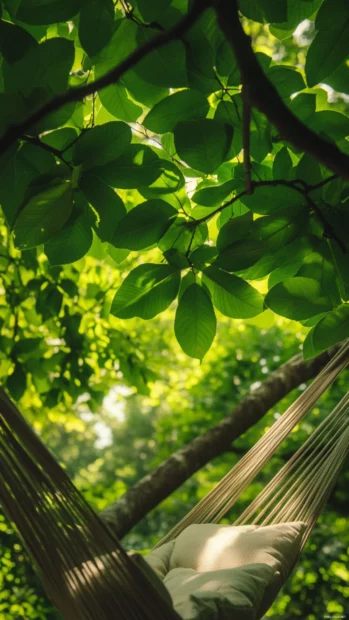 Summer Vibes radiates through a peaceful hammock strung between two trees under a canopy of green leaves.