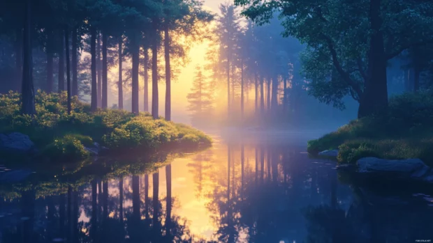 Summer Vibes reflected in the calm surface of a forest river at dusk.