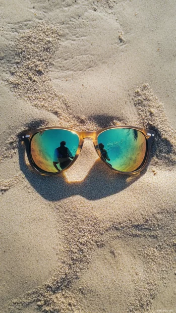 Summer Vibes seen in the reflection of sunglasses lying on the sand.