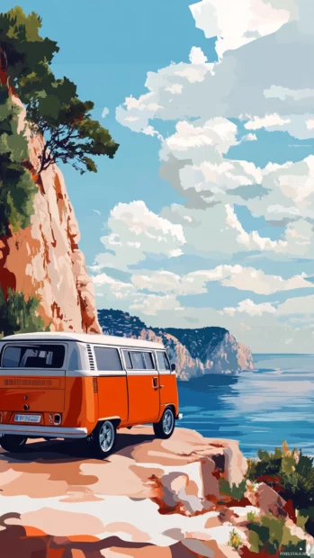 Summer adventure with a vintage van parked at the cliffside, overlooking the sea.