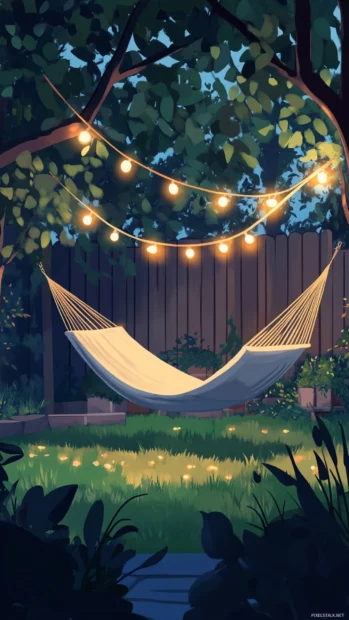 Summer atmosphere in a cozy backyard with a hammock and fairy lights.