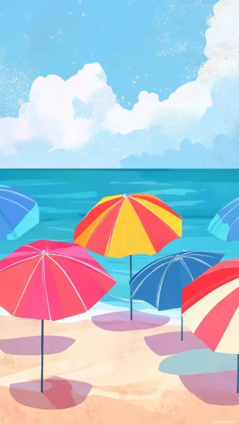 Summer dreams come alive with colorful umbrellas lined up on the beach.