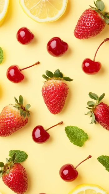 Summer fruit pattern with strawberries, lemon slices, cherries, mint, pastel yellow background.