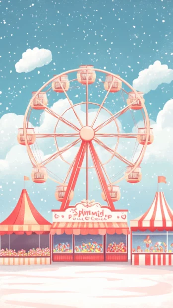 Summer fun at the amusement park with Ferris wheels and candy stands.