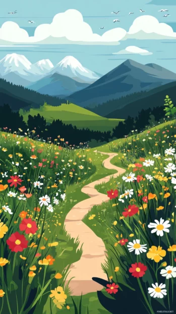 Summer landscape showing mountain trails and wildflowers in full bloom.