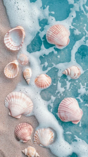 Summer lock screen with gentle aesthetic tones, featuring tiled seashells and pastel waves.