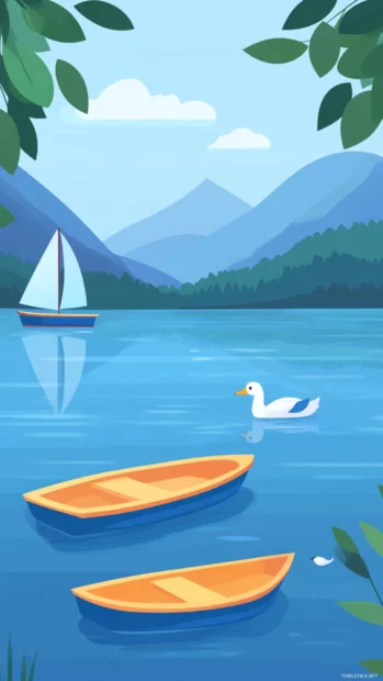 Summer memories by the lake with boats and ducks swimming peacefully.