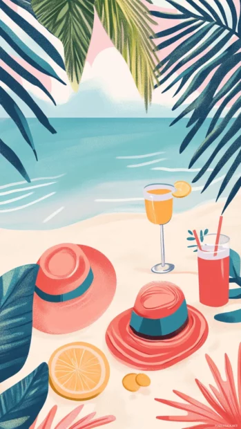 Summer phone Wallpapers featuring sun hats, cool drinks and seaside relaxation.