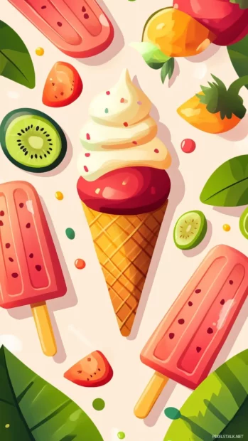 Summer phone Wallpapers with ice cream cones, popsicles and fresh fruit patterns.
