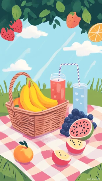 Summer picnic scene with a basket of fruits and cold drinks on a checkered blanket.