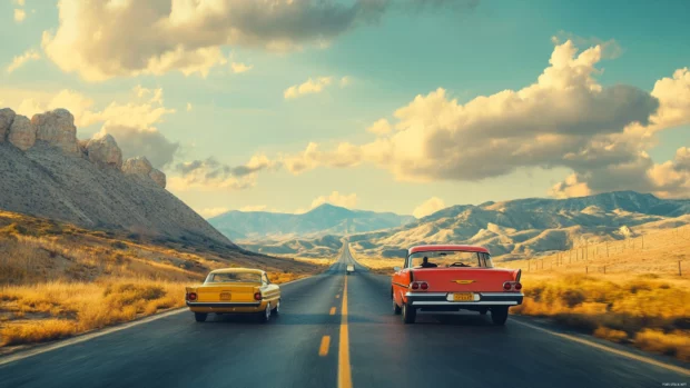 Summer road trip scene with open highways, vintage cars, and adventure vibes, an iconic summer desktop 4K wallpaper.