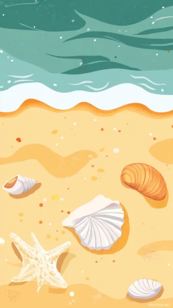 Summer theme with a peaceful beach and seashells on the shore.