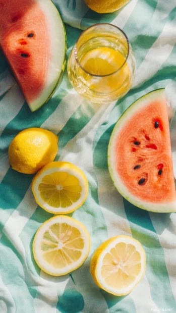 Summer vibes wallpapers scene of watermelon slices and lemon drinks on picnic cloth.