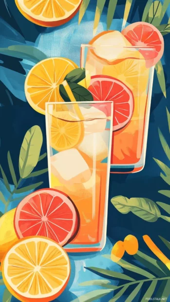 Summer vibes with refreshing lemonade glasses and citrus fruits.