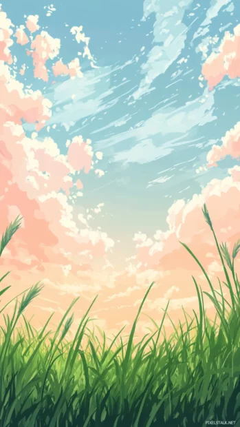Summertime breezes sway soft green grasses under cotton candy skies.