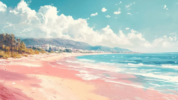 Summertime charm glows across pastel beach scenes under soft sunlight.