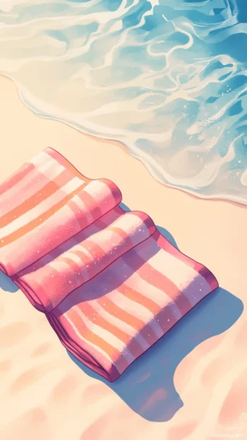 Summertime glow radiates from soft beach towels laid on pale sand.