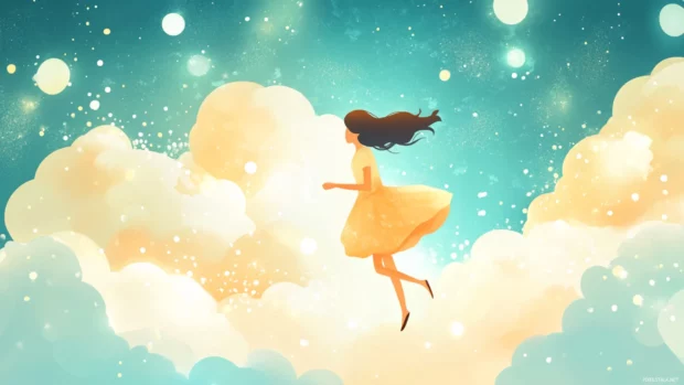 Summertime in a dreamy cloud filled sky with soft light and gentle sparkles, cute and feminine style.