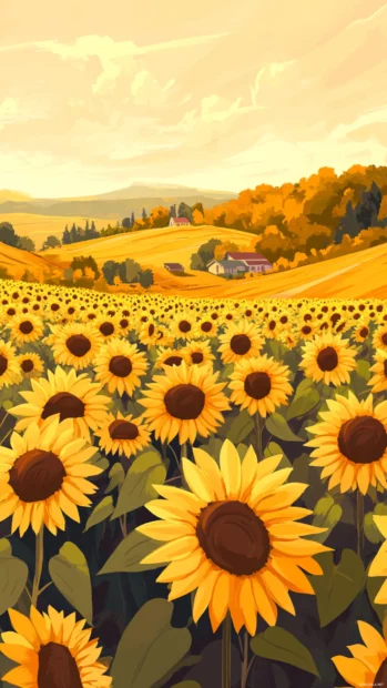 Summertime stretches across delicate sunflower rows glowing in golden light.