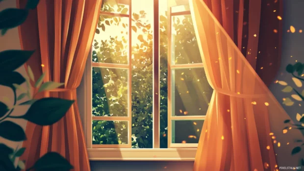 Summertime warmth sparkles through breezy curtains over open windows.