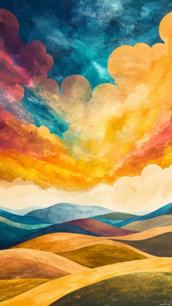 Sun Kissed Watercolor Hills Rolling Under A Vibrant Sky.